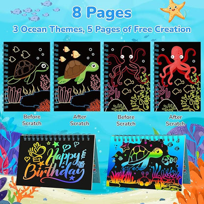 24 Pack Under the Sea Scratch Art Party Favors for Kids - Rainbow Scratch Paper with Ocean Animals Scratch Off Cards Easter Birthday Goodie Bags Stuffers - Return Gifts DIY Classroom Prizes