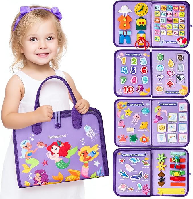hahaland Busy Board Montessori Toys - 3 Year Old Girl Gifts Bithday Gift Ideas - 8 in 1 Preschool Learning Activities - Christmas Toddler Stocking Stuffers Gifts