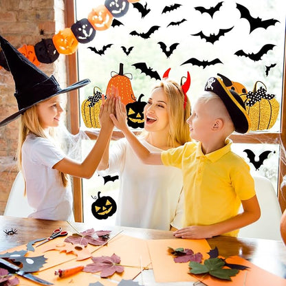 Whaline 6 Sheet Halloween Window Clings Black Orange Pumpkin Bat Reusable Window Decals for Haunted Party House Office School Home Glass Decor
