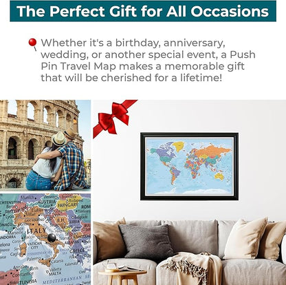 Personalized Canvas World Map Pin Board Wall Art with Pins – Large 24" x 36" Blue Oceans Map of the World with Black Frame – Push Pin Travel Decor for Home or Office