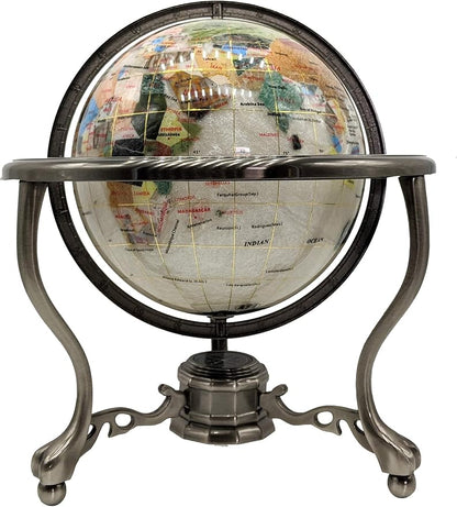 Limited Edition! Unique Art Since 1996 Pearl Swirl Table Top Gemstone World Globe with Tripod Silver Zinc Alloy Stand (220MM/9 INCHES/Pearl Ocean/Silver)
