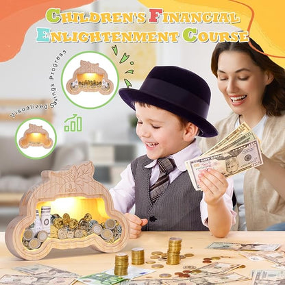 Wooden Piggy Bank for Kid, DIY Night Light Personalized Money Bank for Boy, Girls, Unbreakable Saving Box with Paintbrush and 12 Paints, Coin Jar Gifts for Kid Birthday&Decor (Carriage)