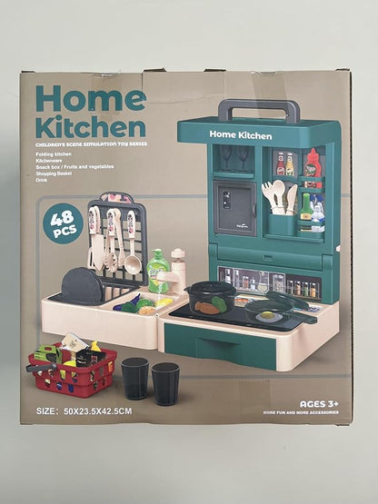 Pretend Play Kitchen Toy Set Folding Role Play Toy with 45pcs Realistic Food Fruits Vegetables Pans Cooking Utensils Basket Sink etc Portable Educational Indoor Outdoor Toys for Kids Ages 3