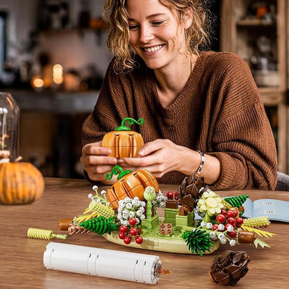 Fall Harvest Building Blocks Set – DIY Autumn Dinner Table Centerpiece Decor with White Candle, Pumpkin, Pinecones, Berries, Wheat, Thanksgiving, Halloween and Christmas Decoration (832 Pieces)