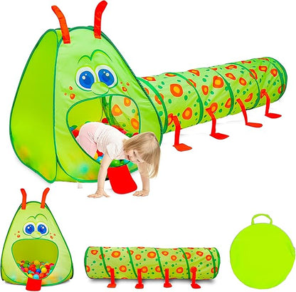 Kiddey Caterpillar Kids Play Tunnel & Tent – Toddler Crawl Tunnel + Play Tent, Pop-Up Indoor/Outdoor Ball Pit Playset (Balls Not Included), Folds Flat for Storage