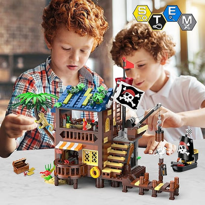 3 Style Pirate Ship Wharf Building Set with LED Light - 781PCS Medieval Pirate's House Building Block Toy, Architecture Bricks Kit for Kids Girls Boys Ages 6-12+ Birthday Gifts