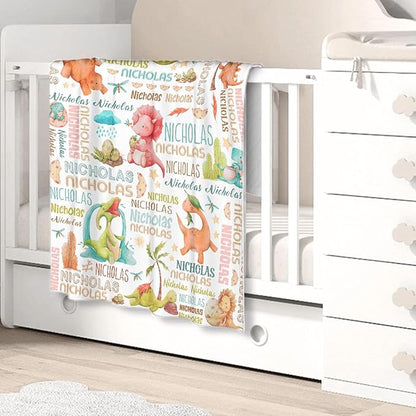 Personalized Baby Blanket for Girls Boys Kids Dinosaur Custom Baby Blanket with Name Throw Birthday Gift for Toddlers Infants Shower Newborns Nursery Stroller Crib Bed Decor