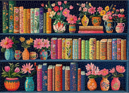 Blooming Bookshelf Jigsaw Puzzles 1000 Pieces, PICKFORU Wildflower Pages Puzzle, Plant Floral Flowers Books Literary Themed, Colorful Art Library Impossible Challenging Puzzles for Adults