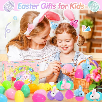 SevenQ Easter Eggs Fillers with Bunny Hair Clips Colorful 24 Pack, Easter Basket Stuffers Party Favors Gift Bags for Kids Cute Stuff Plush Fidget Toys Classroom Treasure Box Egg Hunt Games Supplies
