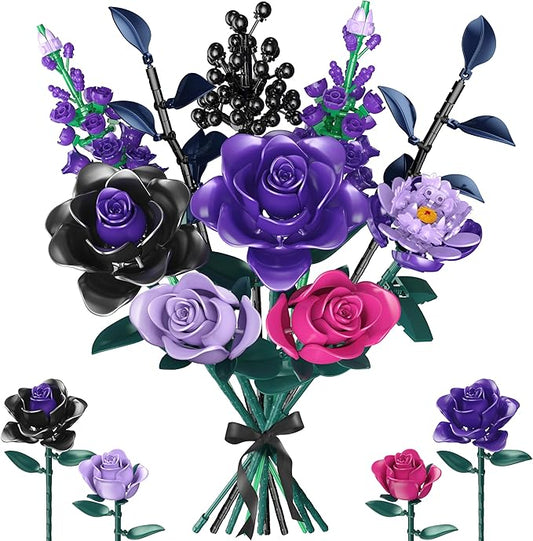 Purple Roses Bouquet Building Set for Kids Ages 6+, 701PCS Artificial Flowers Bouquet Home Office Decor for Adults Women Teengirls, Gift for Birthday Valentine's Day Halloween Christmas