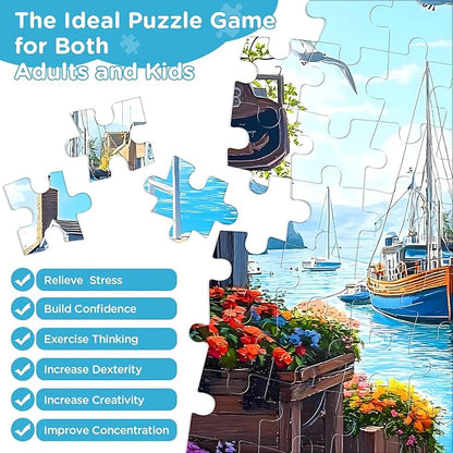 500 Piece Puzzle for Adults, Charming Coastal Village 500 Pieces Jigsaw Puzzles, Seaside Harbor with Cat Puzzle, Perfect for Family Game Night, Ideal Gift for Adults, Kids, Seniors, 20.5 x 15 in