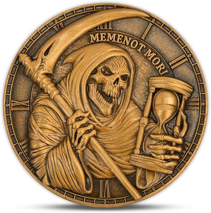 Memento Mori Challenge Coin - Hourglass & Scythe Design with Latin Inscriptions, Embrace Life’s Transience with Inspirational Design (Single Coin)