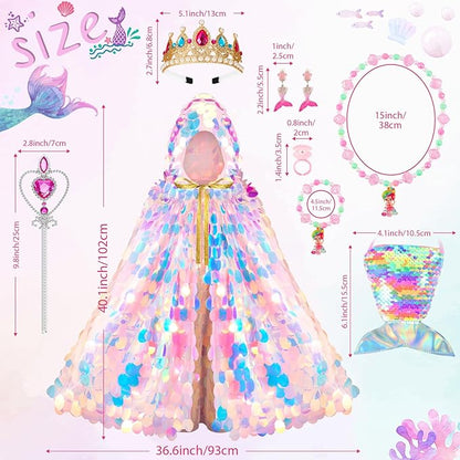 Princess Dress Up Cloak Princess Dress Up Clothes Mermaid Toys Rainbow Mermaid Princess Cloak Kit 9 Pcs Gift Set for Little Girls 3-8 Years Old, Great Gift Set for Birthday Christmas Halloween