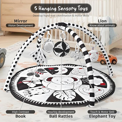 Black and White Tummy Time Mat, Play Mat for Babies 0-6 Months High Contrast Baby Play Activity Gym Baby Tummy Time Play Mat with 5 Toys for Early Sensory Exploration Newborn Infant Baby Playmat
