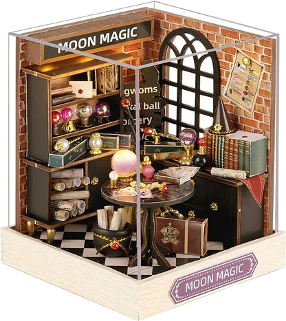 OZJAY DIY Miniature House Kit with Dust Proof Cover, 1:24 Scale Creative Room Mini DIY Wooden Dollhouse Miniature Kit for Adults Teen(Moon Magic)