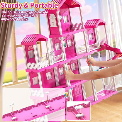 Pink Villa Playset for Girls Ages 3-7, 4-Story 10-Room House with 2 Dolls, Furniture & Accessories, Pretend Play Toddler Toy, Birthday Gifts for Kids 3-8