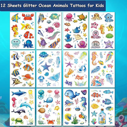 Glitter Ocean Sea Animals Temporary Tattoos for Kids - 120+ Cartoon Ocean Animal Fake Tattoos for Girls Boys Birthday Party Supplies Favors, Baby Shower