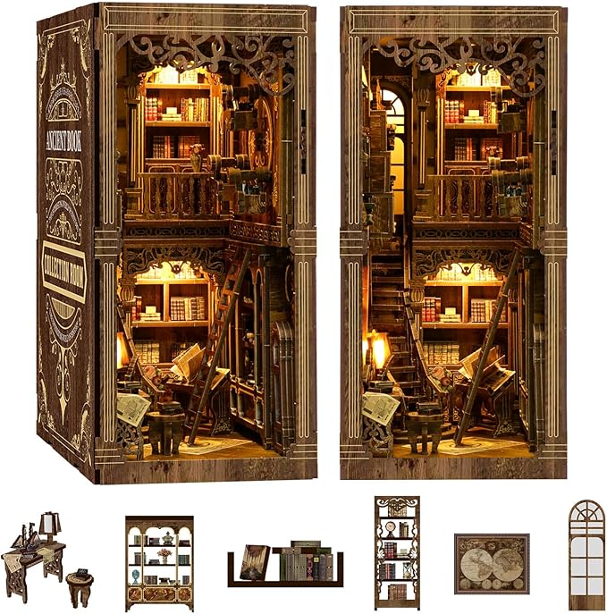 Book Nook Kit - DIY Miniature Dolls House Kit with Furniture and LED Light, 3D Puzzle Wooden Art Bookends, Model Kits for for Adults and Teens (Ancient Books)