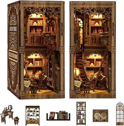 Book Nook Kit - DIY Miniature Dolls House Kit with Furniture and LED Light, 3D Puzzle Wooden Art Bookends, Model Kits for for Adults and Teens (Ancient Books)
