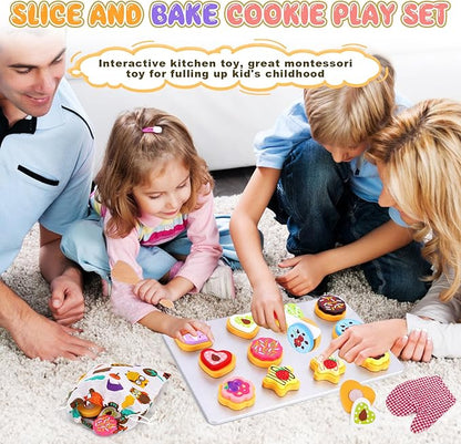 Slice and Bake Wooden Cookie Play Food Set for Kids Kitchen - Toy Food Accessories - Kids Pretend Cookies and Baking Sheet, Toy Baking Set for 3+ Year Old Boys Girls Birthday Gifts
