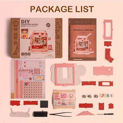 DIY Mini House Building Miniature Kit Milkbox, Miniature Lifestyle Bookshelf Decoration, Cute Craft Kits for Women or Girls 14+, Kawaii Gifts Hobbies for Crafters (Strawberry Milkbox)