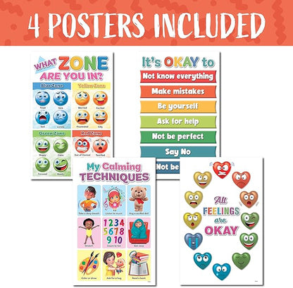 DeeDee's Workshop 4 Feelings Chart For Kids, Zones of Regulation Poster, Emotions Poster, Emotion Chart for Kids, Emotional Regulation, Set of 4 (11 x 17 inches)
