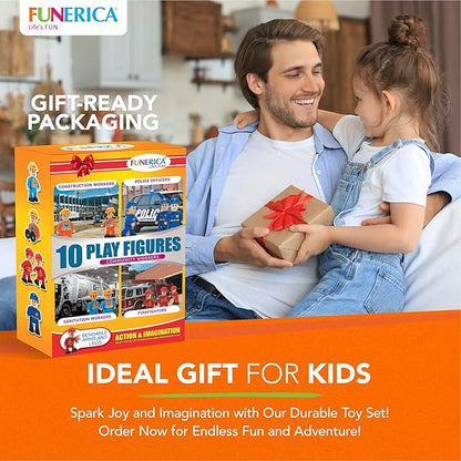 FUNERICA 10-Set Toy People Figures - Bendable Fireman, Police, Construction Workers, Community Helpers, Play Little People Toys Figurines Dollhouse Firefighter playset