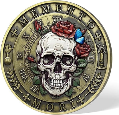 AtSKnSK Memento Mori Coin Momento Mori Coin Skull Coin Stoic Gifts Memento Mori Calendar Living Memento Mori Amor Fati Coin (Moth Rose Skull)