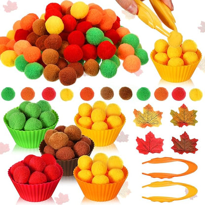 Hotop 312 Pieces Fine Motor Toys Counting Sorting Fall Thanksgiving Decorations 100 Pcs Assorted Pompoms 200 Pcs Artificial Maple Leaves 2 Pcs Tweezers 10 Pcs Cups for Autumn Thanksgiving Decoration