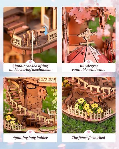 ROBOTIME DIY Miniature House Kits for Adults, 3D Wooden Puzzles for Teenager, Japanese Cherry Blossom Tree Sakura Bonsai Plants for Birthday Gifts and Hobbies (Sakura Tree House)