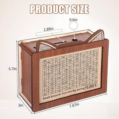 Money Saving Box, 10000 Savings Challenge Box Wooden Coin Cash Money Saver with Target and Tracker Reusable Piggy Bank for Adults Kids Boys Girls Gifts for Family & Friends Caja De Ahorros 13 Sheet