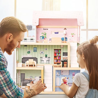 Lil' Jumbl Kids Wooden Dollhouse, 17-Piece Accessories & Furniture are Included, with Balcony & Stairs, 3 Story Easy to Assemble Doll House Toy - Pink