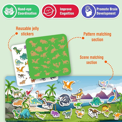 2 Sets Reusable Sticker Books for Toddlers 1-3, Animal Jelly Sticker Books for Kids 2-4 Years, Toddler Travel Toys Activity Road Trip Essentials for Kids- Animal + Dinosaurs