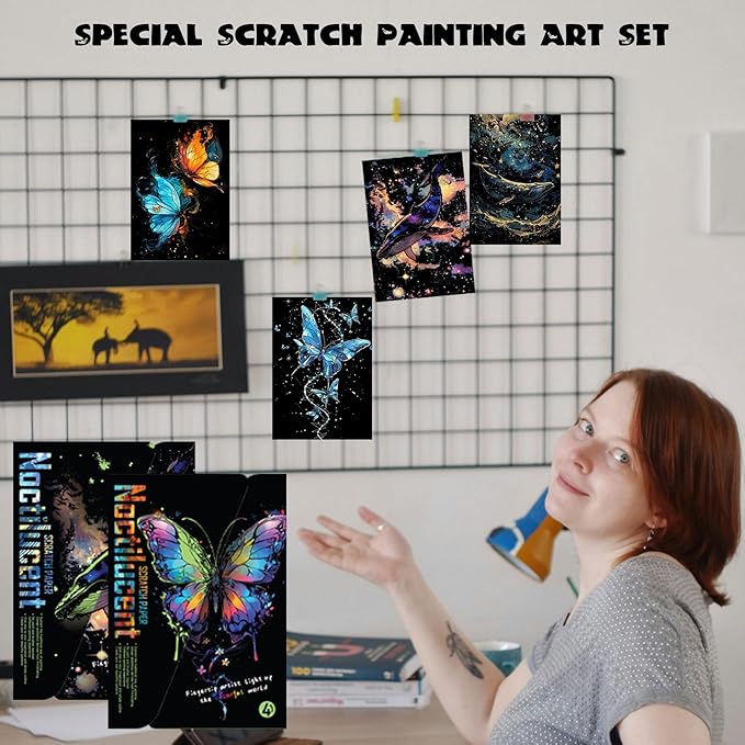 Adult Crafts Glow in The Dark, Scratch Art Rainbow Painting Paper 8 Sheet with Tools, Landscape Scratchboard for Teens & Adults Fun Creative Craft Toy/Gifts/Decor(A4-Noctilucent Butterfly, Whale)