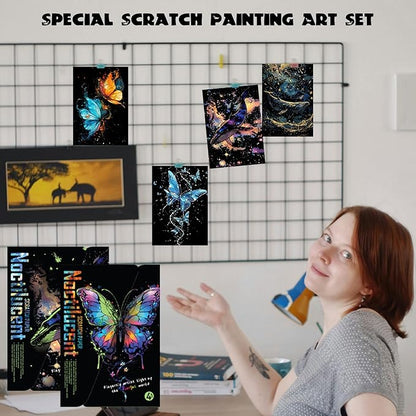 Adult Crafts Glow in The Dark, Scratch Art Rainbow Painting Paper 8 Sheet with Tools, Landscape Scratchboard for Teens & Adults Fun Creative Craft Toy/Gifts/Decor(A4-Noctilucent Butterfly, Whale)