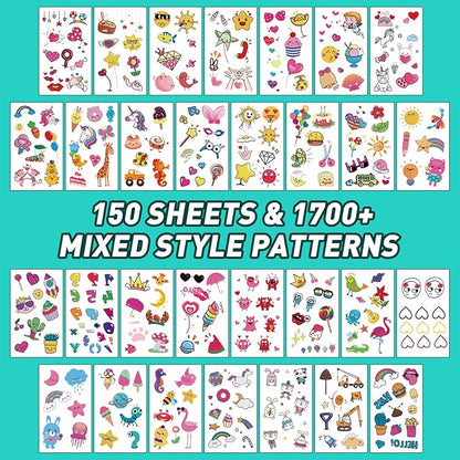 Temporary Tattoo Kids - 150 Sheets & 1700+ Patterns | Boosts Imagination/Creativity & Easy-Clean | Ideal for Party Favors, Arts & Crafts, Goodie Bags (Non-Toxic, Safe for Skin)