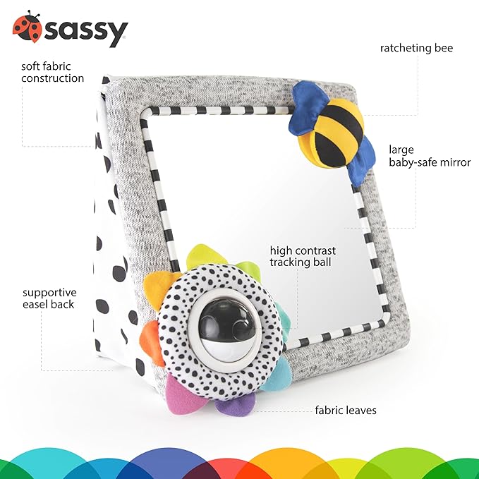 Sassy Tummy Time See Me Floor Mirror for Ages 0+ Months (80928) & Stacks of Circles Stacking Ring STEM Learning Toy, Age 6+ Months, Multi, 9 Piece Set