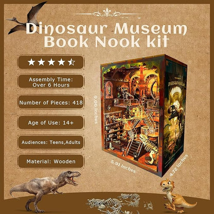 Book Nook Kit for Adults - DIY Dinosaur Museum Booknook, 3D Wooden Dollhouse Puzzle with LED Lights, Miniature Bookshelf Decor for Home Libraries
