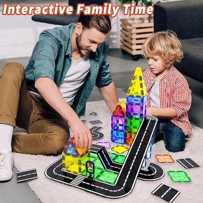 Magnetic Tiles Road Set with Car Kits, Magnetic Building Blocks Sensory Toys for Kids Ages 3-5 4-8, STEM Educational Toddlers Toys, Ideal Birthday&Christmas Gifts for 3+ Years Old Boys and Girls