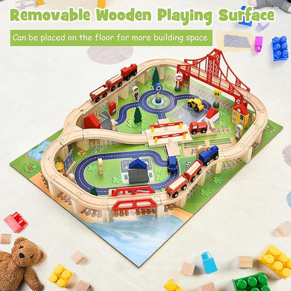 GLACER 100 Pieces Train Table, Wooden Activity Table with Storage Drawer, Tracks, Vehicles, Buildings, Wheels, Multipurpose Painted Train Table Set for Toddlers 3-5+, Gift for Boys Girls