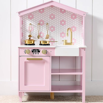 Best Choice Products Pretend Play Wooden Farmhouse Kitchen Set for Kids w/Toy Storage, Clicking Knobs, Windows, 5 Accessories Included - Rose