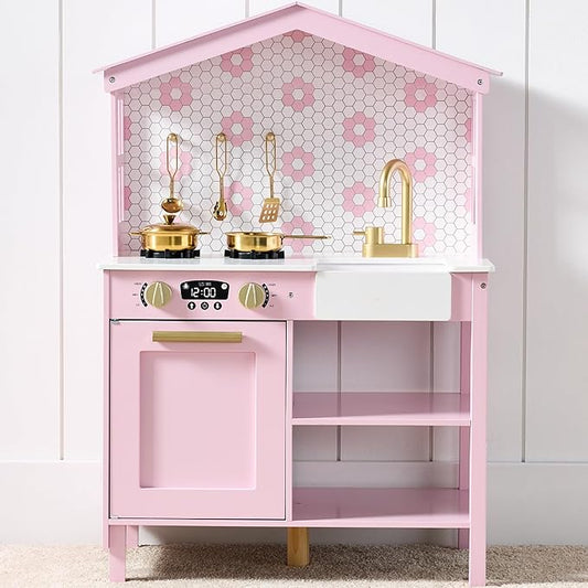 Best Choice Products Pretend Play Wooden Farmhouse Kitchen Set for Kids w/Toy Storage, Clicking Knobs, Windows, 5 Accessories Included - Rose