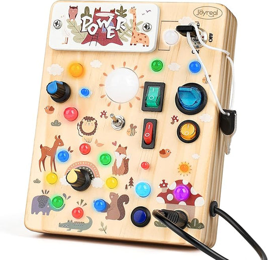 Joyreal Wooden Busy Board with LED Lights, Montessori Sensory Toys for Toddlers, Activity Fidget Board Travel Toys for Fine Motor Skills & Learning, Gifts for 1-3 Year Old Boys & Girls (Forest Theme)