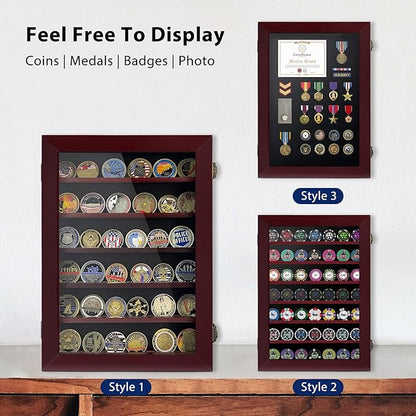 Military Challenge Coin Display Case 6 Rows Wooden Army Coin Holder with HD Tempered Glass Lockable Coin Wall Dsplay Box with Removable Shelves, Red