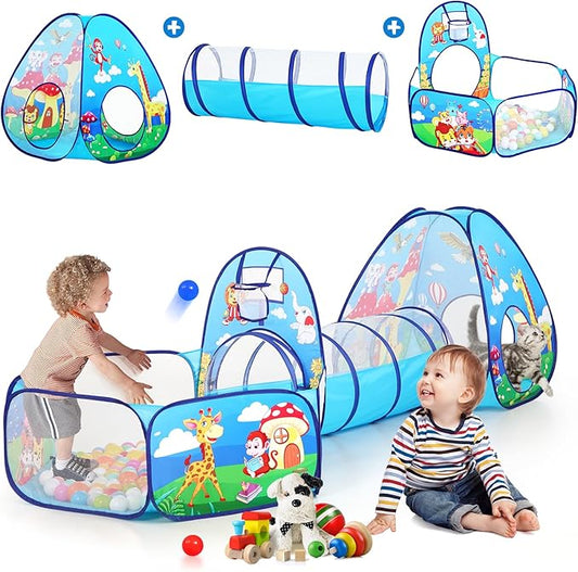 3pc Kids Play Tent with Play Tunnel and Ball Pit, Toddler Tent for Girls and Boys Indoor Playhouse, Gift Toys for Babies (Balls NOT Included)