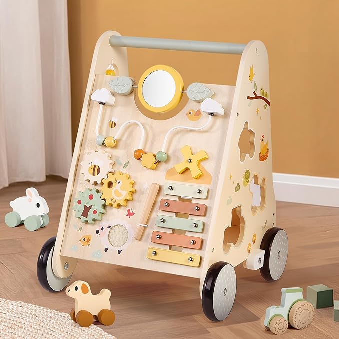 Wooden Baby Push Walker, Baby Walker with Activity Center for Girls Boys, Montessori Sensory Push Toys for Babies Learning to Walk & Sit-to-Stand