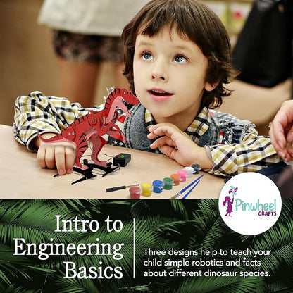 Pinwheel Crafts Robotic Dinosaur Arts & Crafts Science Kit for Kids Ages 6-12 – Wooden Dinosaur Toys with Paints – Ideal Gift for 6-Year-Old Boys