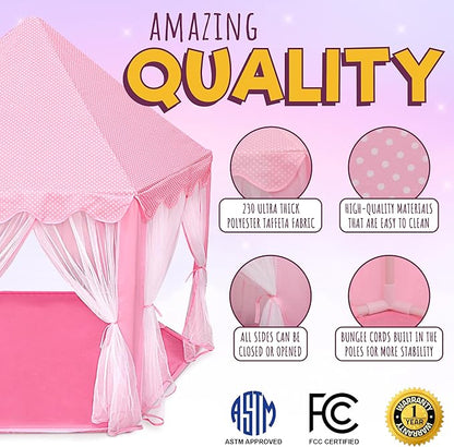 ORIAN Princess Castle Playhouse Tent for Girls with LED Star Lights – Indoor & Outdoor Large Kids Play Tent for Imaginative Games – ASTM Certified, 230 Polyester Taffeta. Pink 55"x53".