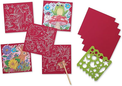 Crocodile Creek Garden Sparkle Scratch Art for Kids - 16-Sheet Scratch Art Set with 10 Themed Sheets, 5 Blank Sheets, Stencil, and Stylus - Thoughtful Stocking Stuffers, Gifts, Art Supplies for Kids