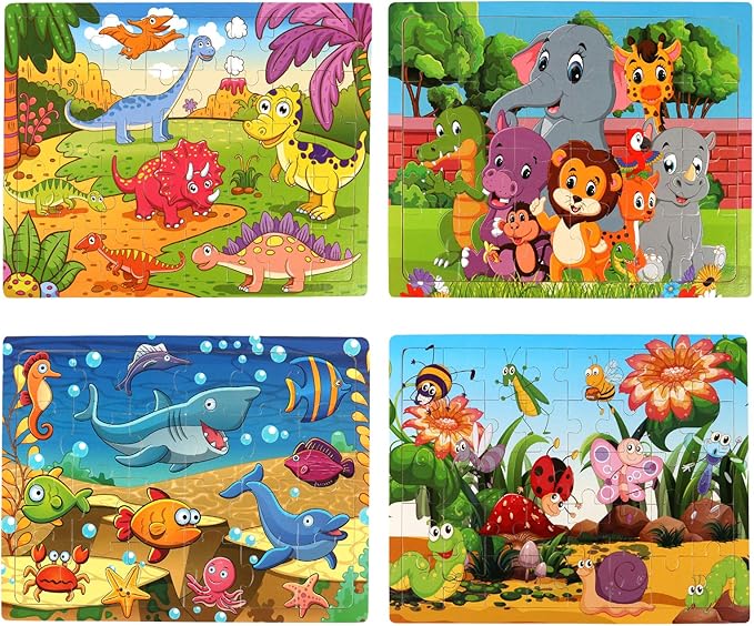 SYNARRY Wooden Jigsaw Puzzles for Kids Age 3-5 Year Old, 4 Pack 24-40 Pieces Preschool Educational Learning Toys Gift Set for Children Boys and Girls, Sea Life, Insects, Animals, Dinosaurs Themes